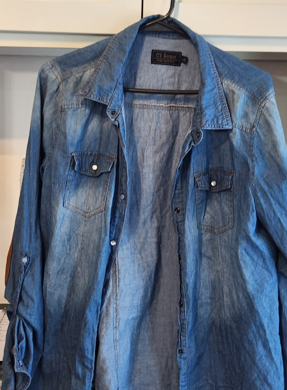 Ci Sono Demni Blue Faded With Brown Patches Pearl Snap Jean Shirt Women's Large